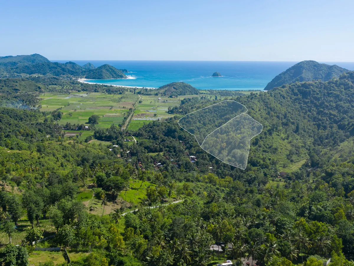 aerial drone photo of large land estate with traced boundary lines in Kuta Mandalika Lombok