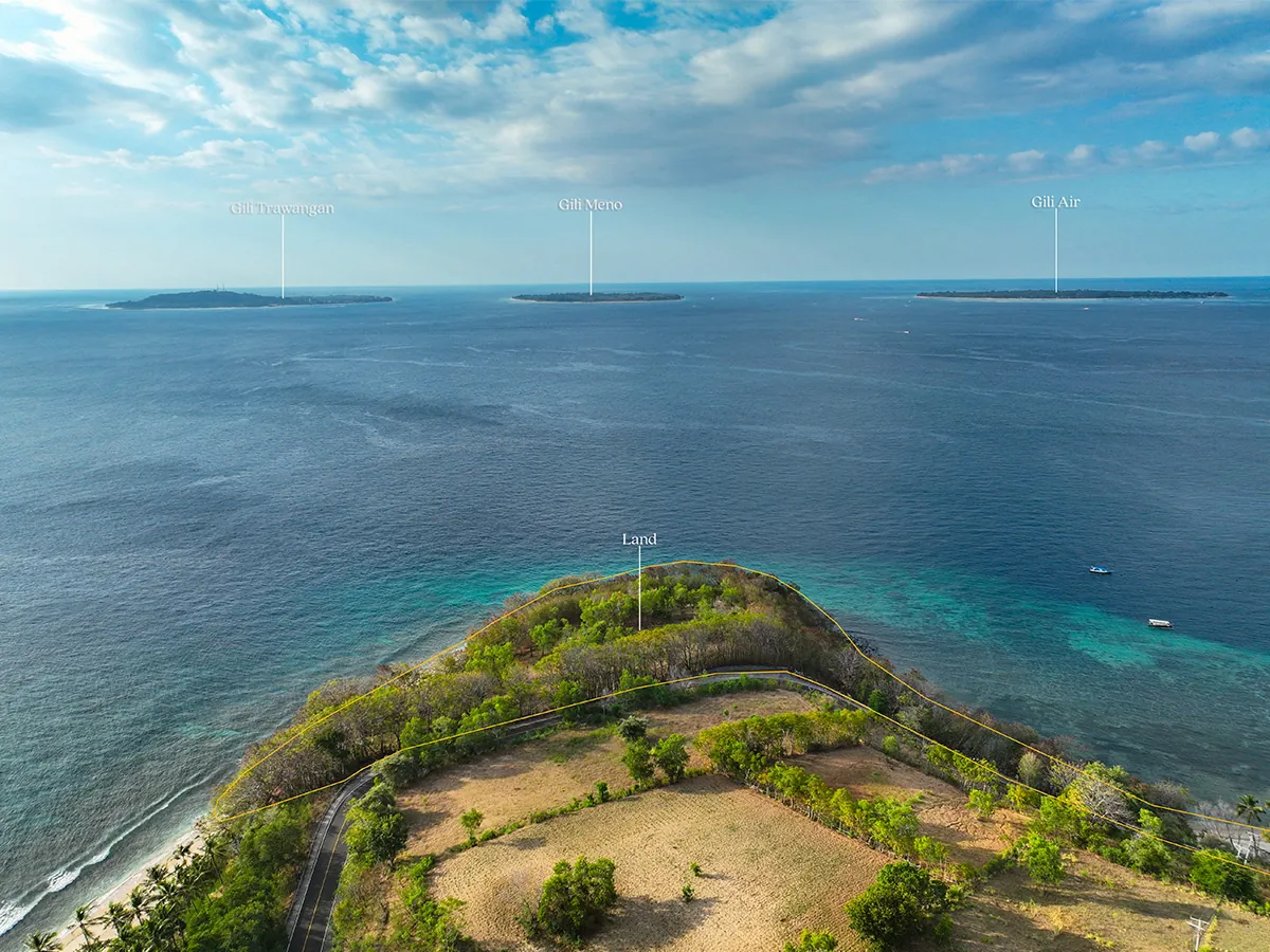 aerial drone photo of hillside land for sale with ocean view in Senggigi Lombok